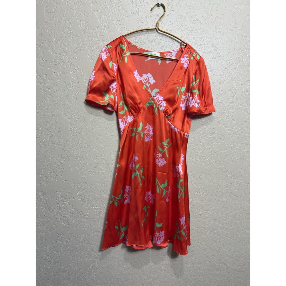 From Future Mini V Neck Flutter Sleeve Floral Print Dress Orange Silk US Size XS